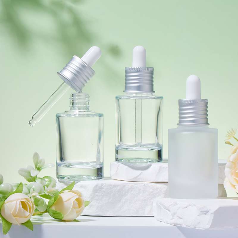 20 mm 30 ml strieborné kruhové matné a priehľadné sklenené fľaše s kvapkadlom